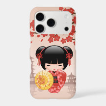 Röd Sakura Kokeshi-docka Söt Geisha-flicka Beige
