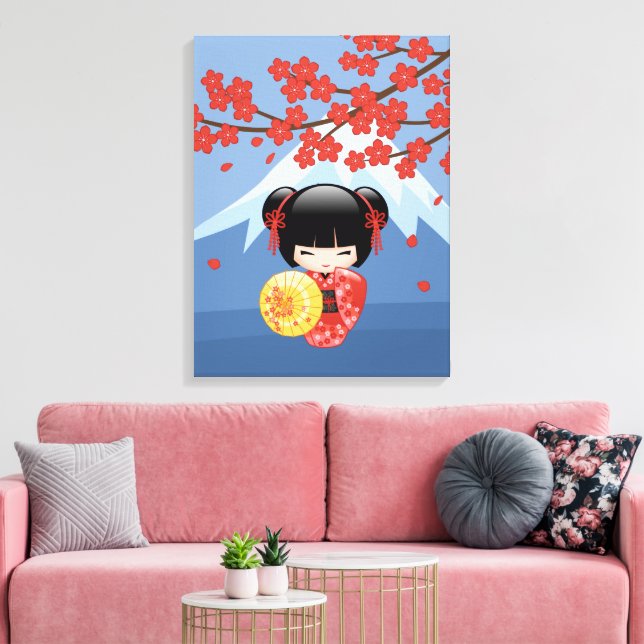 Röd Sakura Kokeshi-docka - Söt Geisha-flicka Canvastryck (Insitu (Vardagsrum))