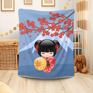 Röd Sakura Kokeshi-docka - Söt Geisha-flicka Fleecefilt