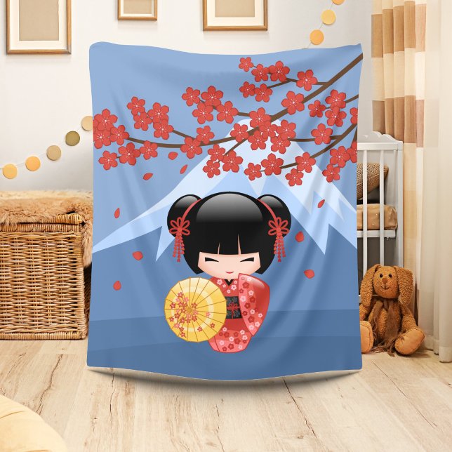 Röd Sakura Kokeshi-docka - Söt Geisha-flicka Fleecefilt (Skapare uppladdad)