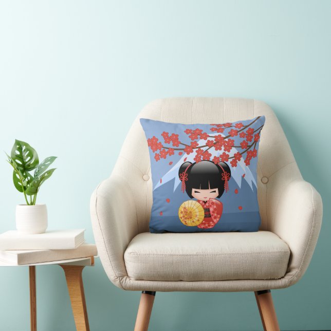 Röd Sakura Kokeshi-docka - Söt Geisha-flicka Kudde (Stol)