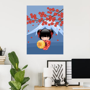 Röd Sakura Kokeshi-docka - Söt Geisha-flicka Poster