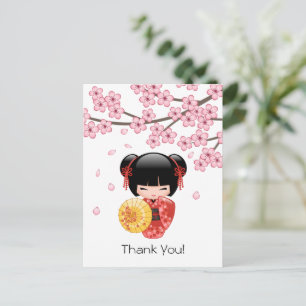 Röd Sakura Kokeshi-docka - Söt Geisha Tack Vykort