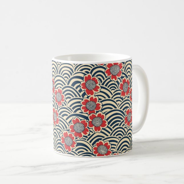 Röd Sakura Navy Wave Cream Japansk Mönster Kaffemugg (Framsida höger)