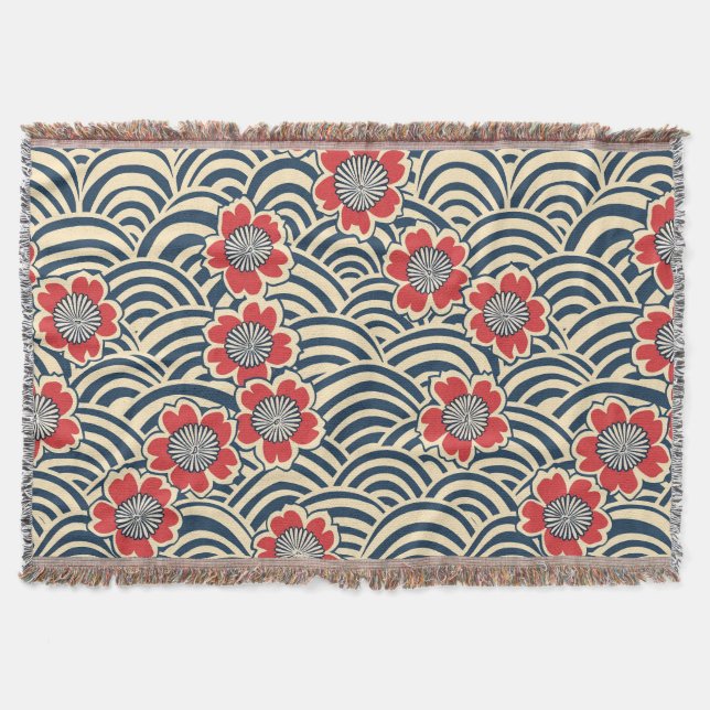 Röd Sakura Navy Wave Crème Japansk Mönster Filt (Framsidan)