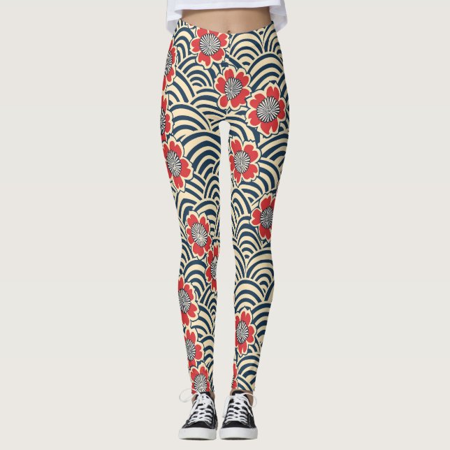 Röd Sakura Navy Wave Crème Japansk Mönster Leggings (Framsida)