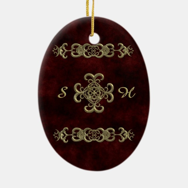 Röd sammet med den guld- prydnaden julgransprydnad keramik (Baksidan)