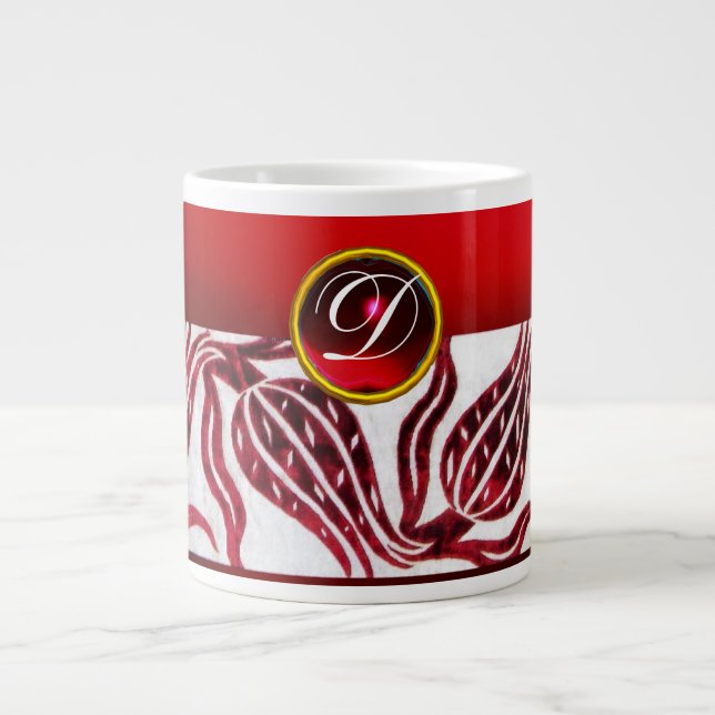 RÖD SAMMETS DAMASK TULPAN MONOGRAM Burgunder Röd V Jumbo Mugg (Framsidan)
