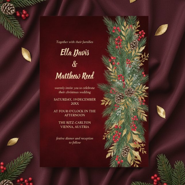 Röd sammets jul botanisk bröllopsinbjudan inbjudningar (Red Velvet Christmas Botanical Wedding Invitation)
