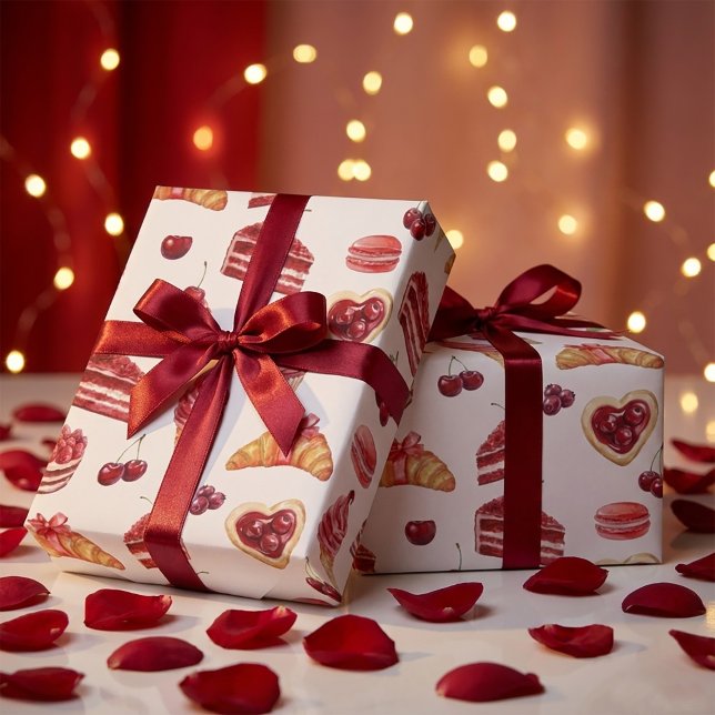 Röd sammets- och körsbärsdessertmönster i akvarell presentpapper (#ValentineGiftBox #CherryAesthetic #RomanticPackaging #GiftWrapIdeas #SatinRibbon #ValentineMockup )