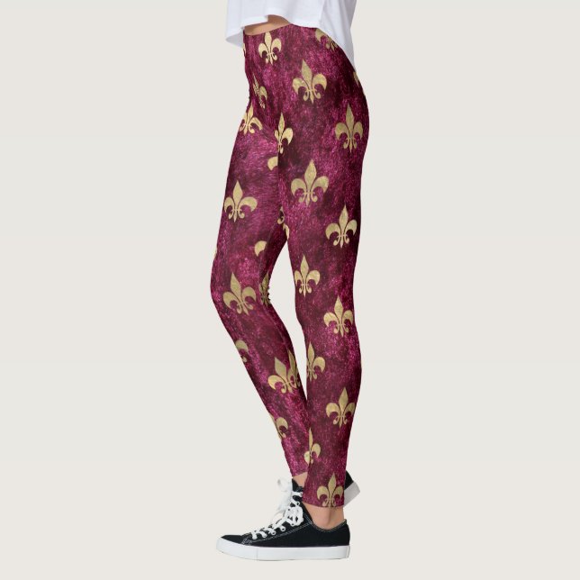 Röd sammetsfleur de lis Mardi Gras Orleans-mönster Leggings (Vänster)