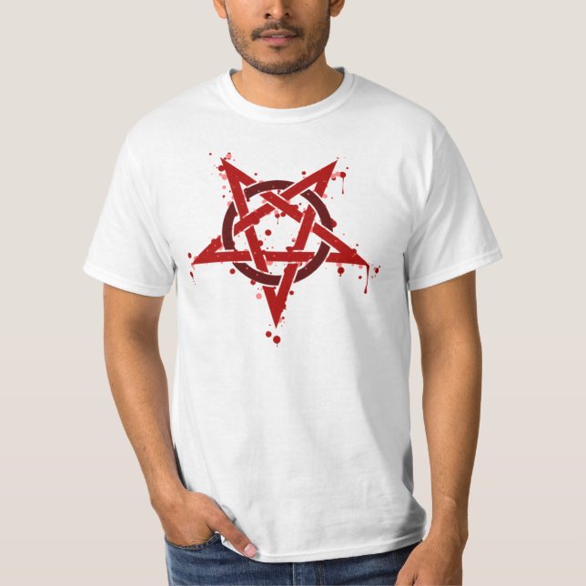 Röd Satanic prickig Pentagram T Shirt (Framsida)