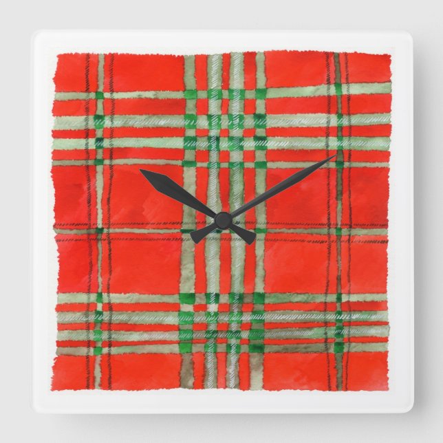 RÖD SCOTT TARTAN Fyrkantig Akryl Väggklocka (Framsida)