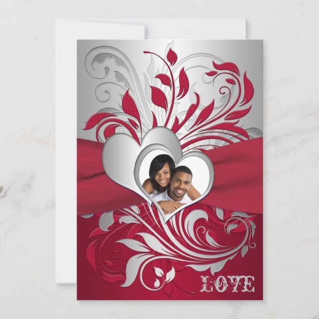 Röd, Scrollsar i Silver, Hearts Photo Wedding bjud Inbjudningar (Framsida)