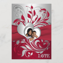 Röd, Scrollsar i Silver, Hearts Photo Wedding bjud