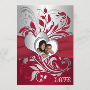 Röd, Scrollsar i Silver, Hearts Photo Wedding bjud Inbjudningar
