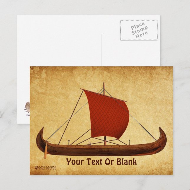 Röd Segel Viking Skepp II Vykort (Fram/baksida)