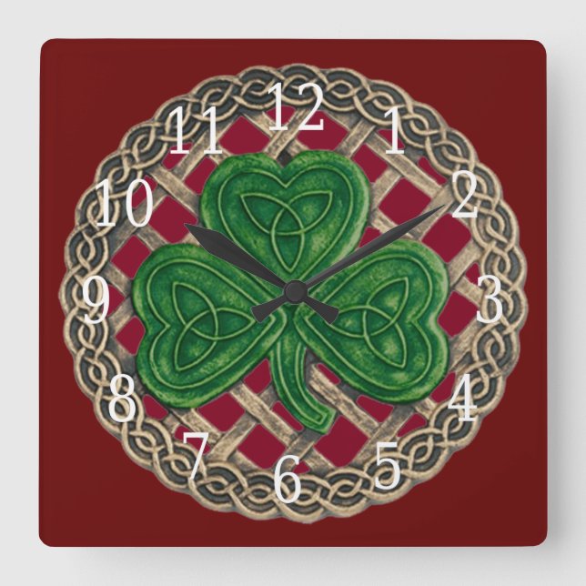 Röd Shamrock och keltiska knoppar Fyrkantig Klocka (Framsida)