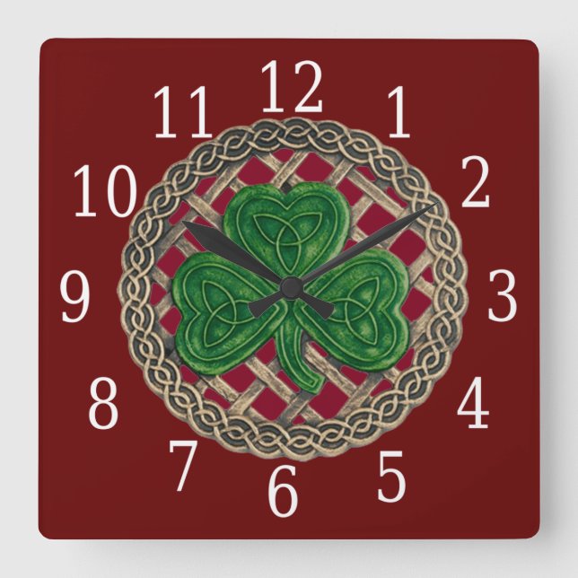 Röd Shamrock och keltiska knoppar Fyrkantig Klocka (Framsida)