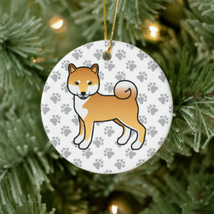 Röd Shiba Inu Söt Tecknad Hundillustration Julgransprydnad Keramik
