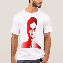 Röd sihuett, en man med ett oroat uttryck t shirt