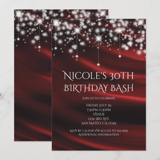 Röd silke & gnistrande guld glamourös inbjudan til (Fram/baksida)