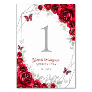 Röd Silver Blommig Quinceanera Bordsnummer