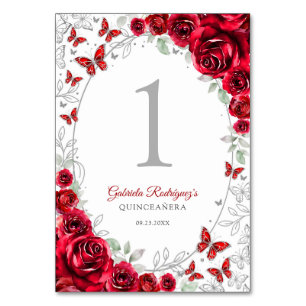 Röd Silver Blommig Quinceanera Bordsnummer