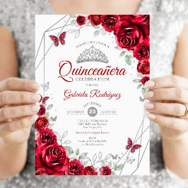 Röd Silver Blommig Quinceanera Inbjudningar