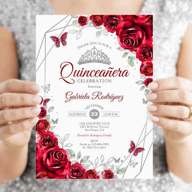 Röd Silver Blommig Quinceanera Inbjudningar (Skapare uppladdad)