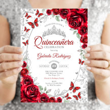Röd Silver Blommig Quinceanera