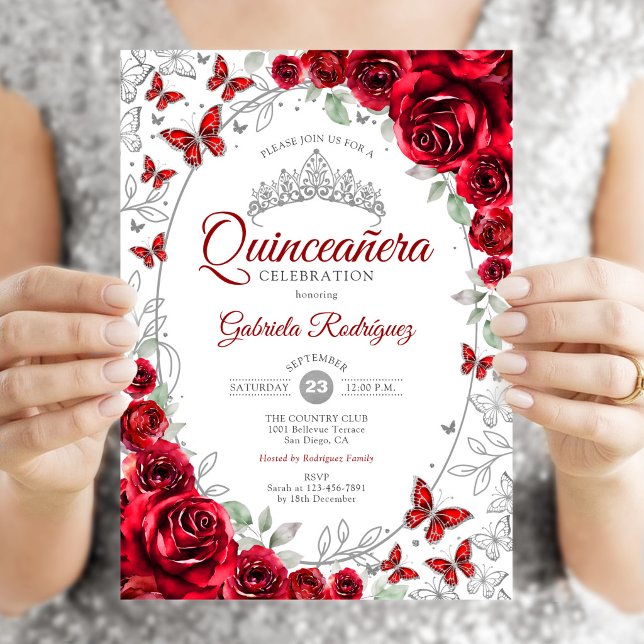 Röd Silver Blommig Quinceanera Inbjudningar (Skapare uppladdad)