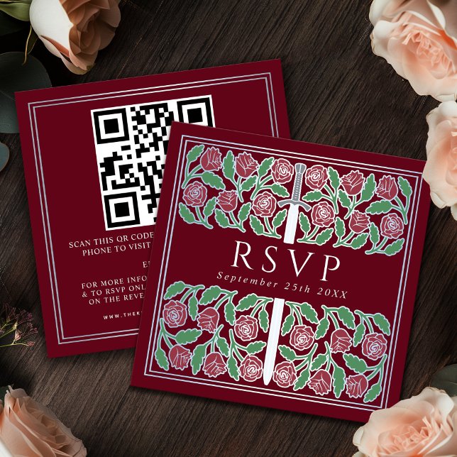 Röd Silver Blommig Royal Bröllop RSVP QR-kod  Tilläggskort (Skapare uppladdad)