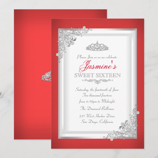 Röd Silver Damask Tiara Sweet 16 Födelsedag Inbjudningar (Fram/baksida)