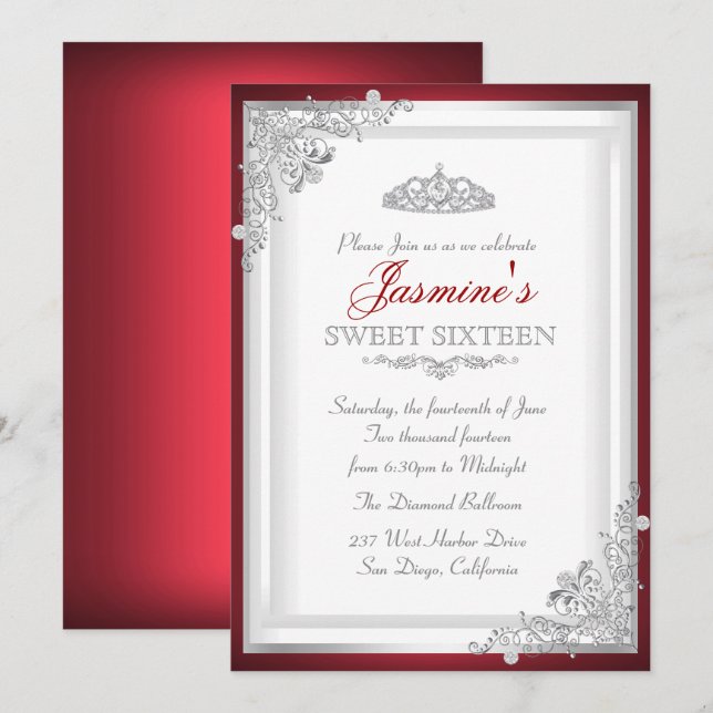 Röd Silver Damask Tiara Sweet 16 Inbjudan (Fram/baksida)