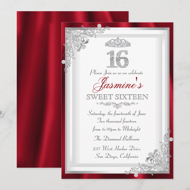 Röd Silver Diamant Damast Tiara Sweet 16 Inbjudan (Fram/baksida)