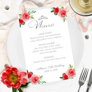Röd silver falsk folie blomster quinceanera meny