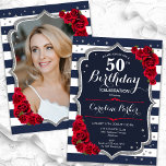 Röd Silver-foto för marinvit Rand, 50:e födelsedag Inbjudningar<br><div class="desc">Femininininbjudan till elegantens blommigt på 50 års födelsedag med ditt foto på baksidan av kortet. Glam marinvit röd design med faux glitter silver. Med marinblått och vitt rand, röd ros, typsnitt och konetti. Perfekt för en snyggt vuxen under firande party. Anpassa med dina egna detaljer. Kan anpassas för vilken ålder...</div>