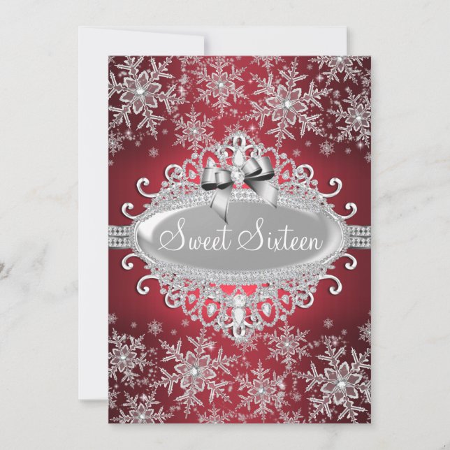 Röd Silver Glitter Snöflinga Sweet 16 Inbjudan (Framsida)
