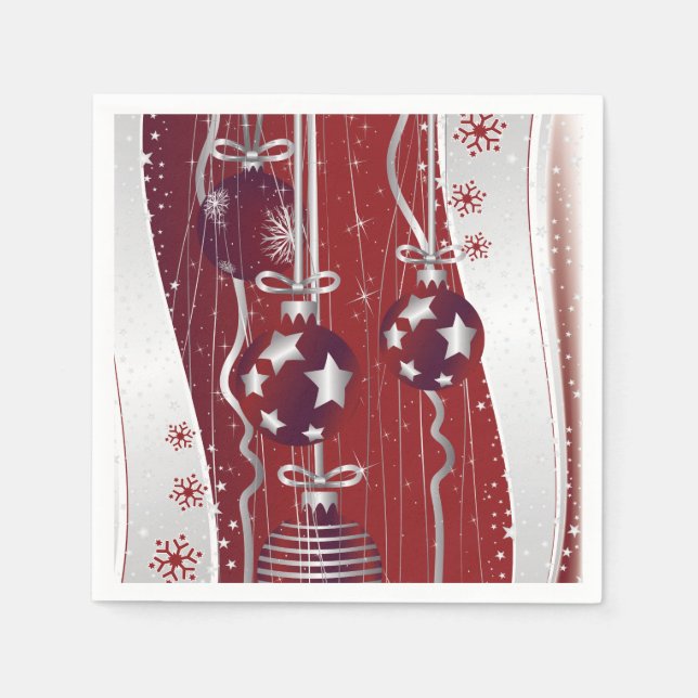 Röd, silver grått, bollar och snöflingor pappersservett (Framsidan)