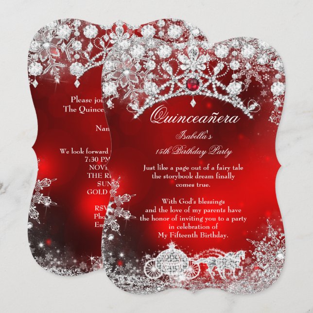 Röd silver Quinceanera 15:e Vinterundret Inbjudningar (Fram/baksida)