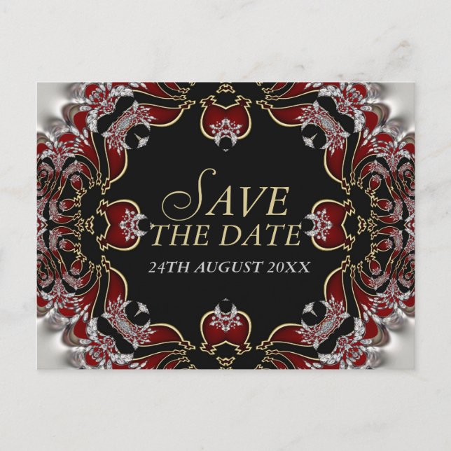 Röd+Silver Satin Save the Date Postkort Meddelande Vykort (Framsida)