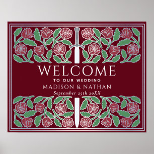 Röd Silver Svärd Blommig Kunglig Bröllops Välkomst Poster
