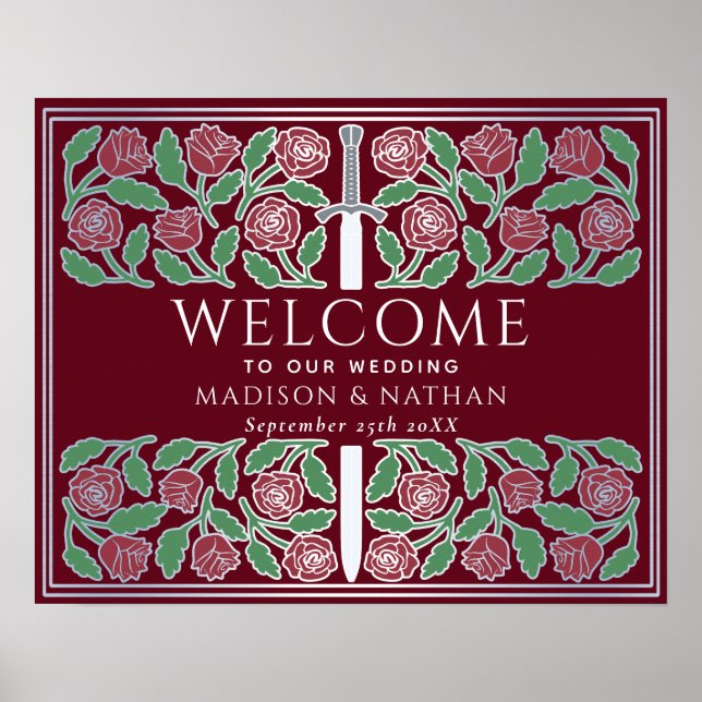 Röd Silver Svärd Blommig Kunglig Bröllops Välkomst Poster (Framsidan)