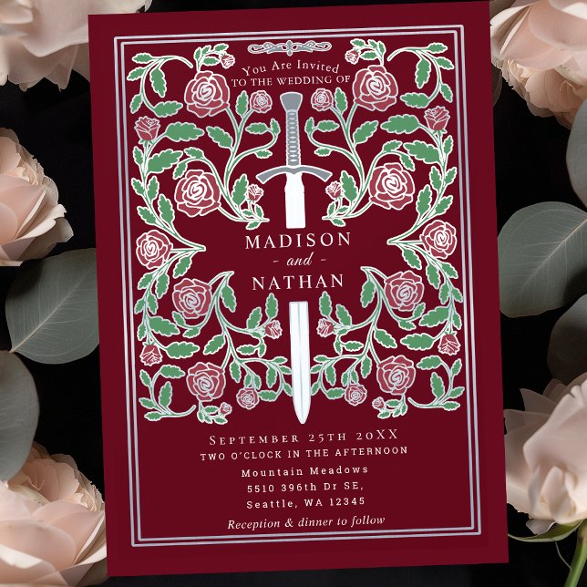 Röd Silver Svärd Blommig Medeltida Fantasy Bröllop Inbjudningar (Skapare uppladdad)