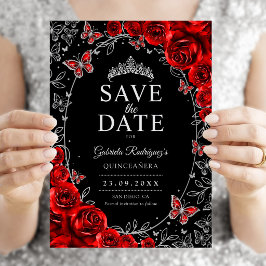 Röd Silver Svart Quinceanera Blommig Spara Datumet