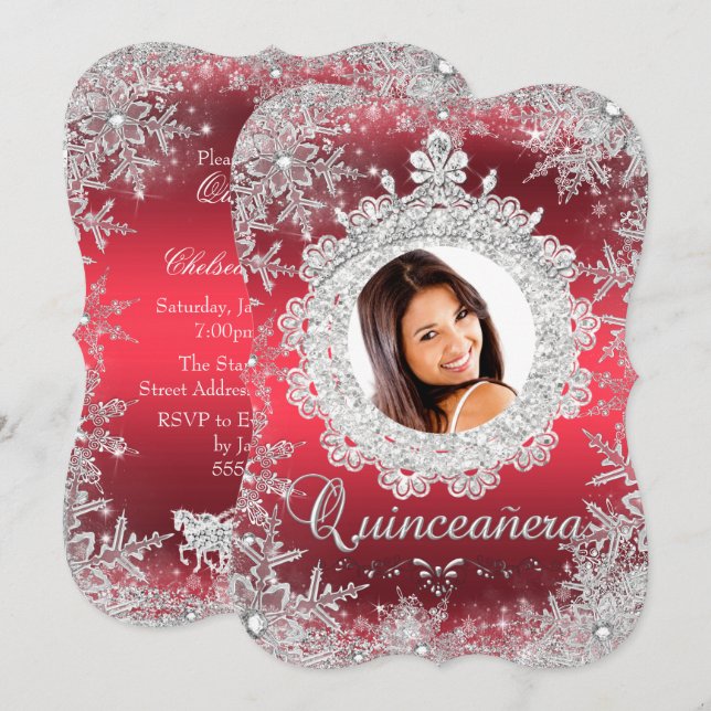Röd Silver Tiara Snöflinga Glitter Quinceanera Inbjudningar (Fram/baksida)