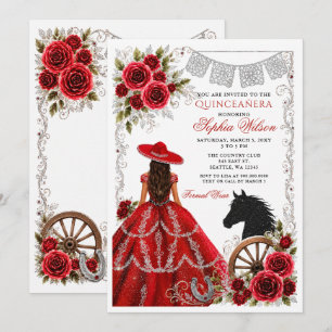 Röd Silver Western Häst Blommig Charra Quinceañera Inbjudningar