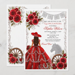 Röd Silver Western Häst Blommig Charra Quinceañera Inbjudningar