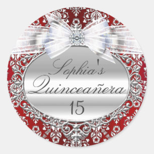 Röd & Silverbåge Quinceanera-dekal Runt Klistermärke